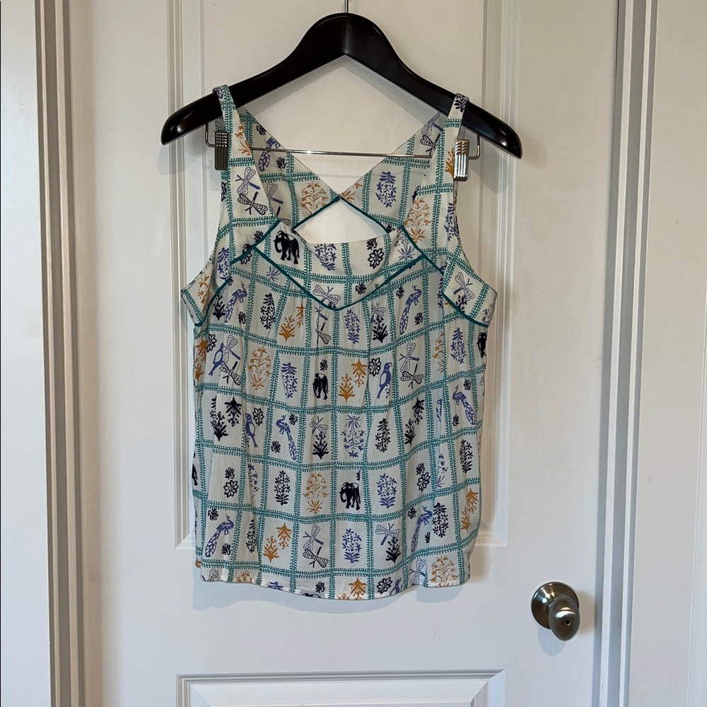 Anthropologie Maeve White Floral Grid Print Tank Top with Teal Accents